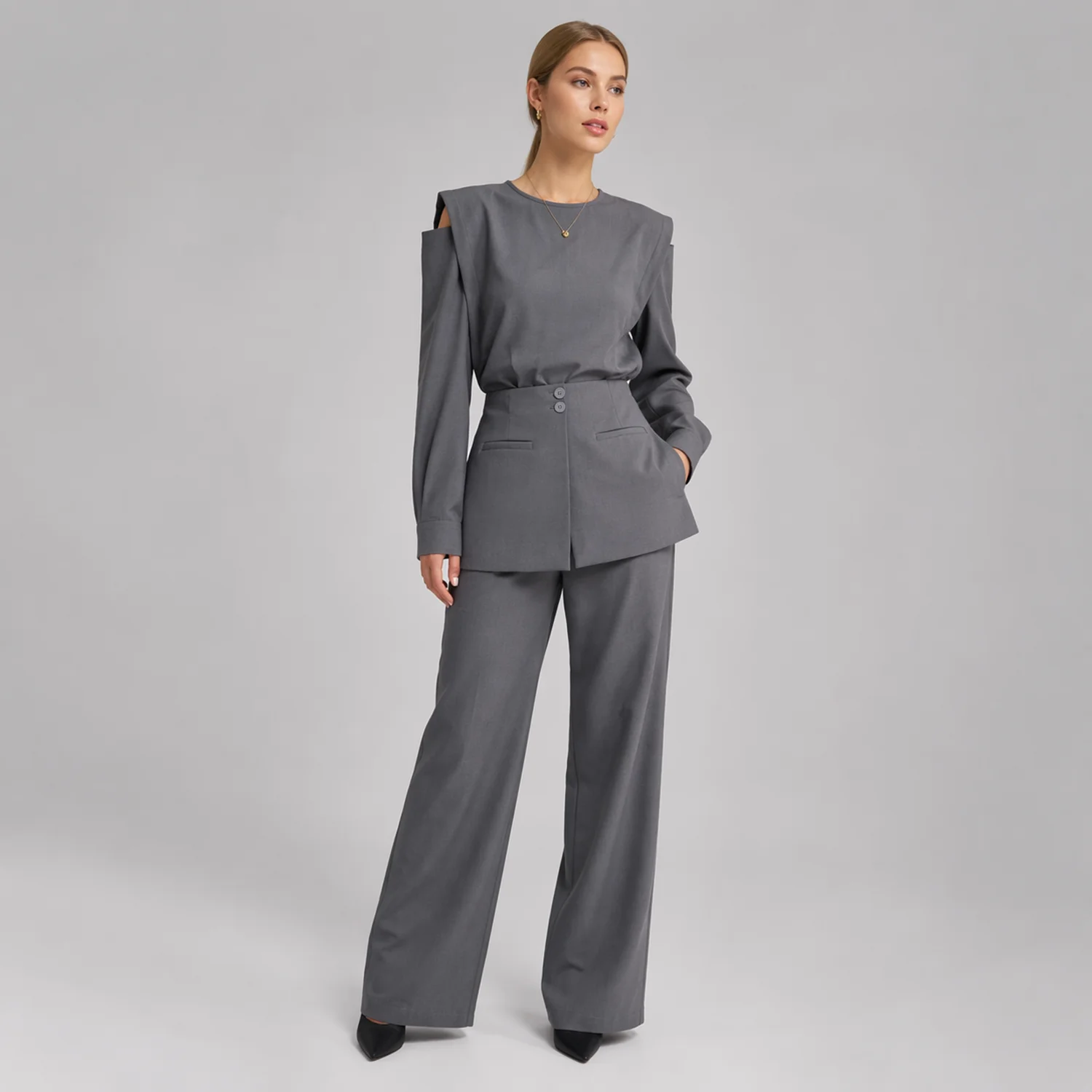 Cold Shoulder Women Suit Long Sleeve Top High Waist Wide Leg Pants Office Business Two Piece Outfit