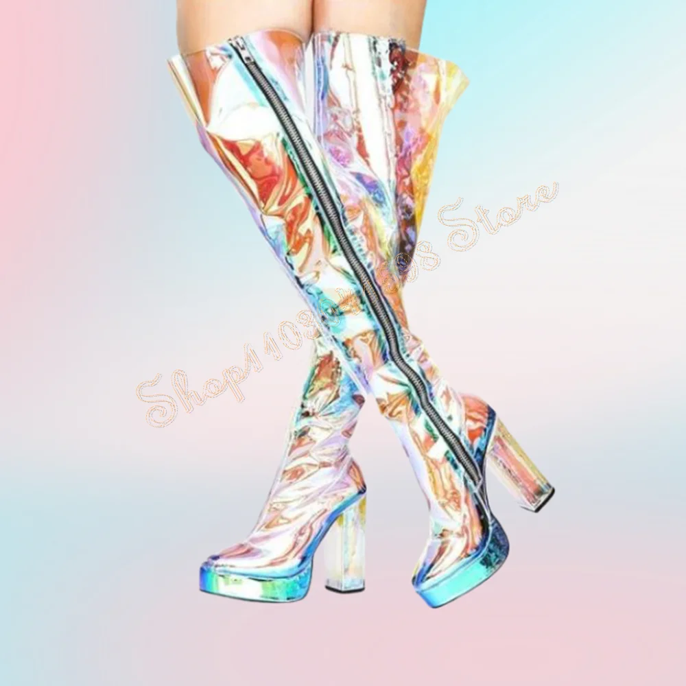 

Colorful PVC Side Zipper Over the Knee Boots Chunky High Heels Sexy High Heel Shoes for Women Heels 2024 New Zapatos Para Mujere