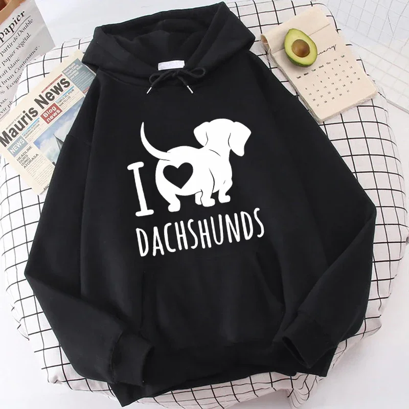 سترات بغطاء رأس بطبعة رسومات I Love Dachshund للنساء ، سويت شيرت كاجوال بأكمام طويلة ، بلوفر hardographic ، ملابس للخريف والشتاء