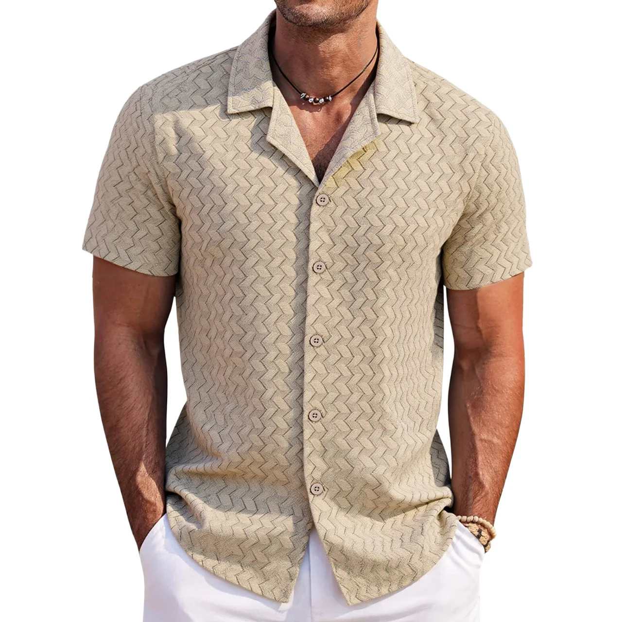 Men's Summer New Hollow Short Sleeved Shirt Casual Beach Style Shirt Streetwear Men Clothing  L