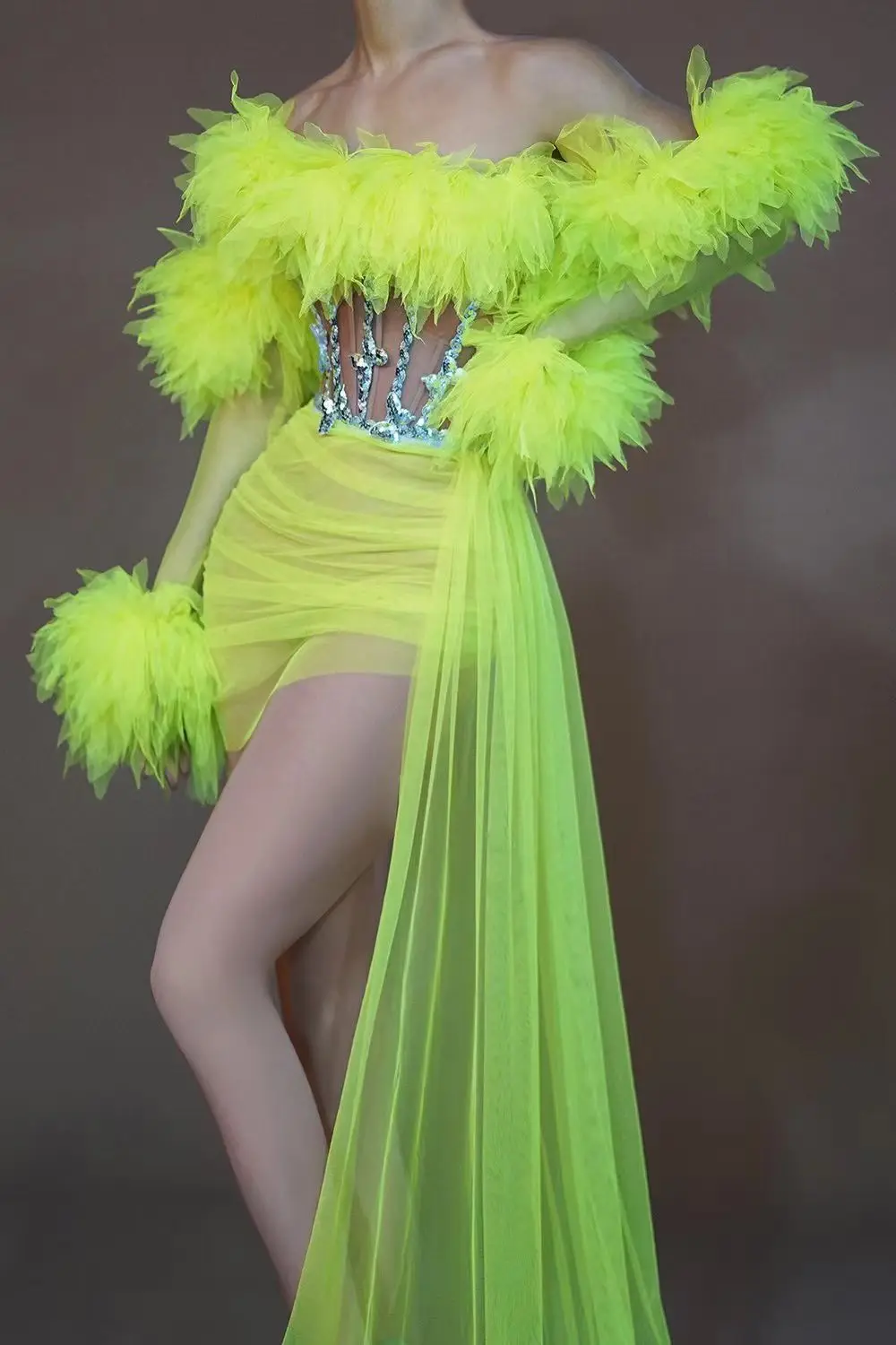 Sexy Rode Paarse Jurk Groen Zwart Transparant Mesh Kant Afneembaar Met Staart Handschoenen Clubfeest Verjaardag Vrouwen Drag Queen Outfits