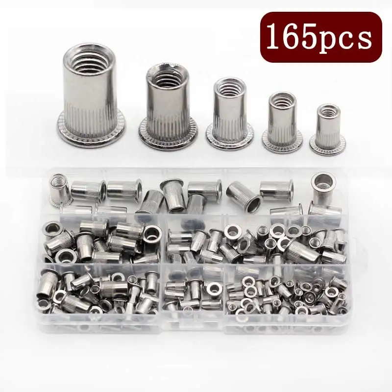 165Pcs/set M3 M4 M5 M6 M8 Flat Head Rivet Nuts NutsInsert Cap Thread Insert Rivet Nut Tool Assortment Kit