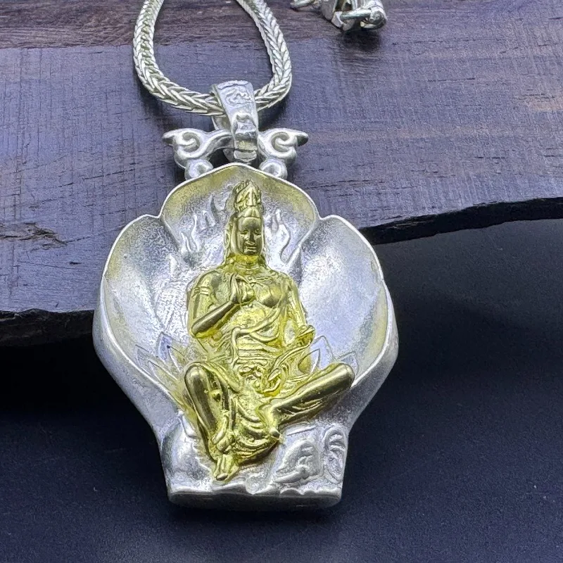 Ethnic Vintage Two-Tone Necklace, Golden Buddha Sculpture Pendant, Retro Silver Tone Braided Chain Jewelry