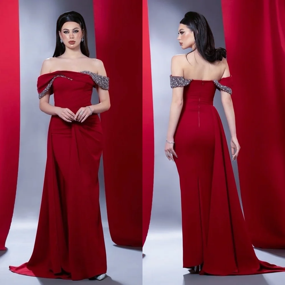 

Customized Jersey Pleat Sequined Sparkle Off-the-shoulder Long Dresses Bespoke Occasion Women Luxury Evening Party Wedding