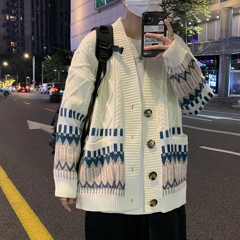 Design Cardigan Men Pockets Warm Winter Sweater Retro Ins Japanese Unisex Button Up Knitwear Teens All-match Harajuku Stylish