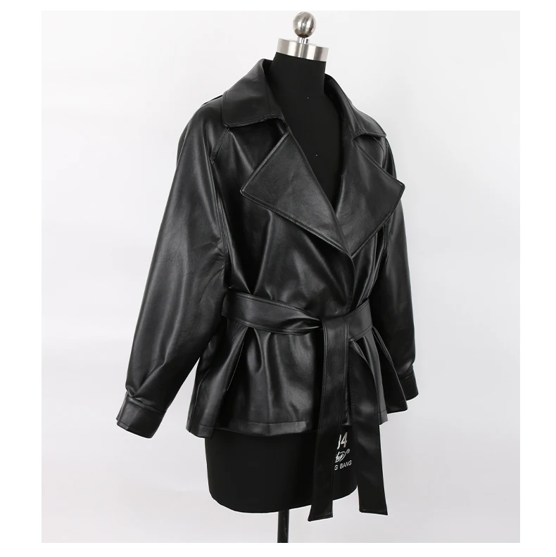 Nerazzurri Spring Autumn Short Brown Black Soft Light Faux Leather Jackets for Women Belt Lapel Casual Loose Korean Fashion 2022