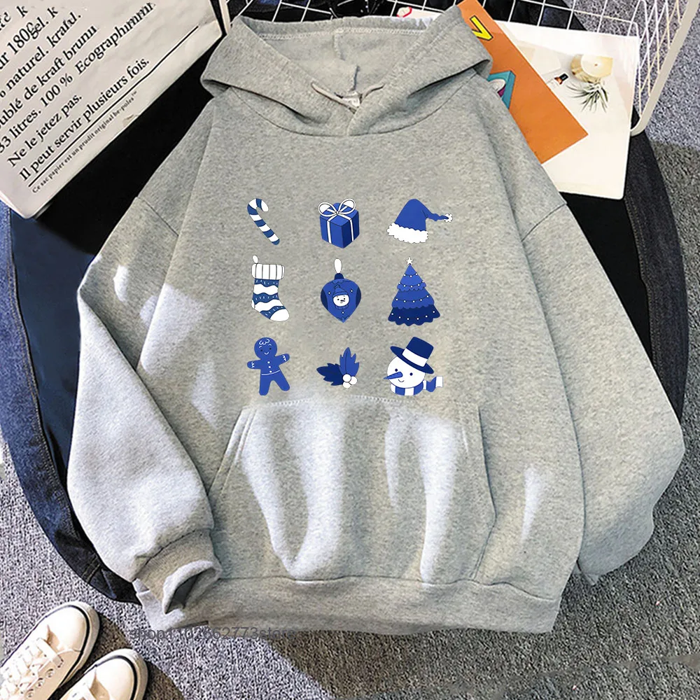 Kapuzenpullover mit Chinoiserie-Aufdruck für Damen, blaues und weißes Weihnachts-Sweatshirt mit Kapuze, Winter-Fleece-Kleidung, Cartoon-Trainingsanzug für Herren