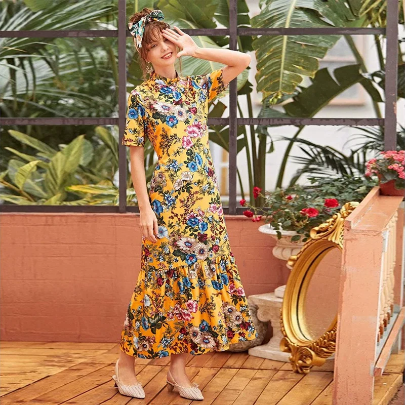 European and American Women's Clothing 2023 Summer New Fashion French Round Neck Printed Dress in Stock Vestidos