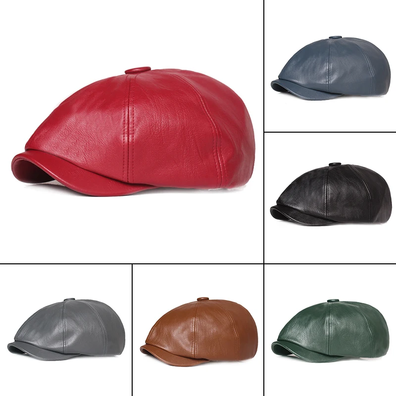 British Retro Men Leather Flat Octagonal Hat Spring Autumn Winter Leisure Beret Cap PU Newsboy Cap Brown Red Women Painter Beret