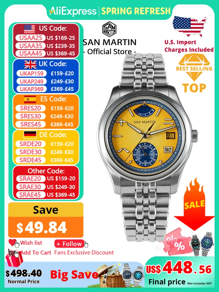 

San Martin 39mm Miyota 9132 Power Reserve Display Men Luxury Sport Watch Automatic Mechanical Waterproof Original Design SN0144