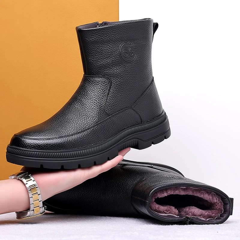 Mens High Top Leather Snow Boots Warm Wool Lined Winter Shoes Thick Plush Fur Non Slip Comfortable Footwear For Dad Outdoor
