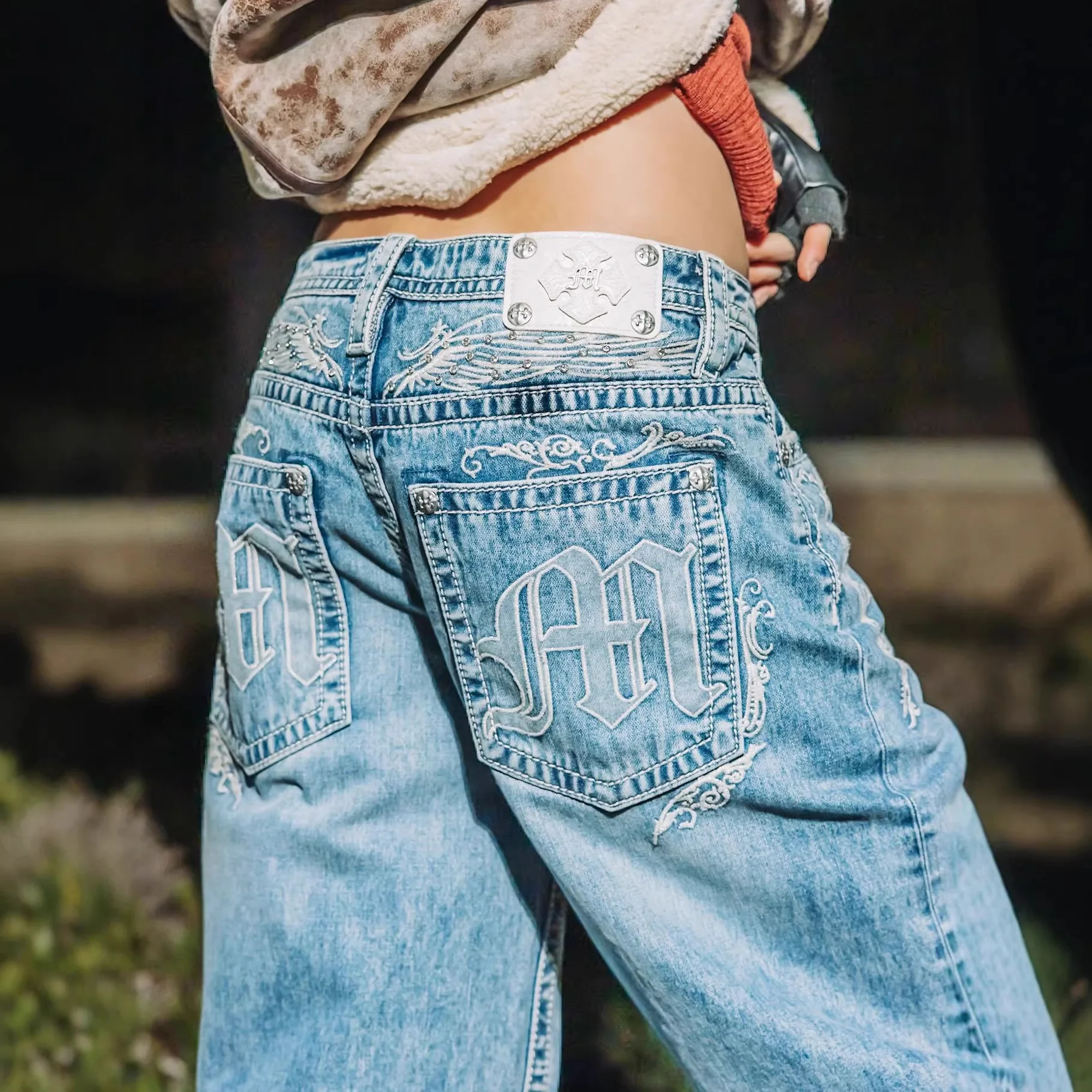 Jeans American Hottie Y2k Stud Drill Rivets Loose Embroidery Wide Leg Jeans Women Wholesale