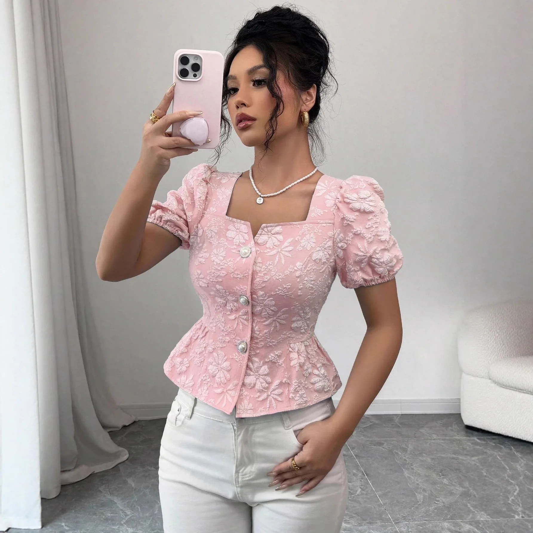 

2026 New Summer Women Elegant Casual Shirt Square Neck Puff Short Sleeve Sweet Fashion Top