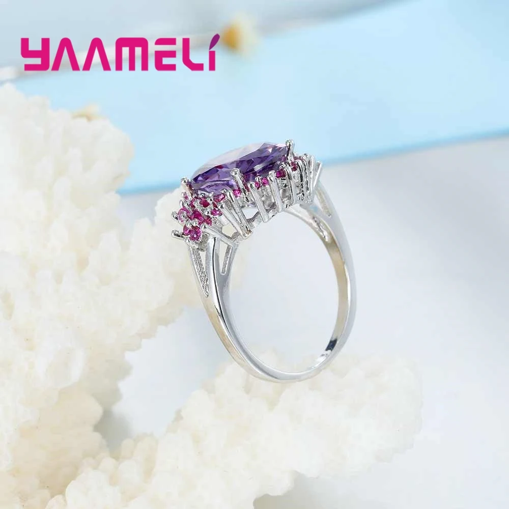 Luxury Fashion Purple Flower Crystal Stone Ring Party Engagement Wedding Ceremony Jewelry For Women 925 Sterling Silver