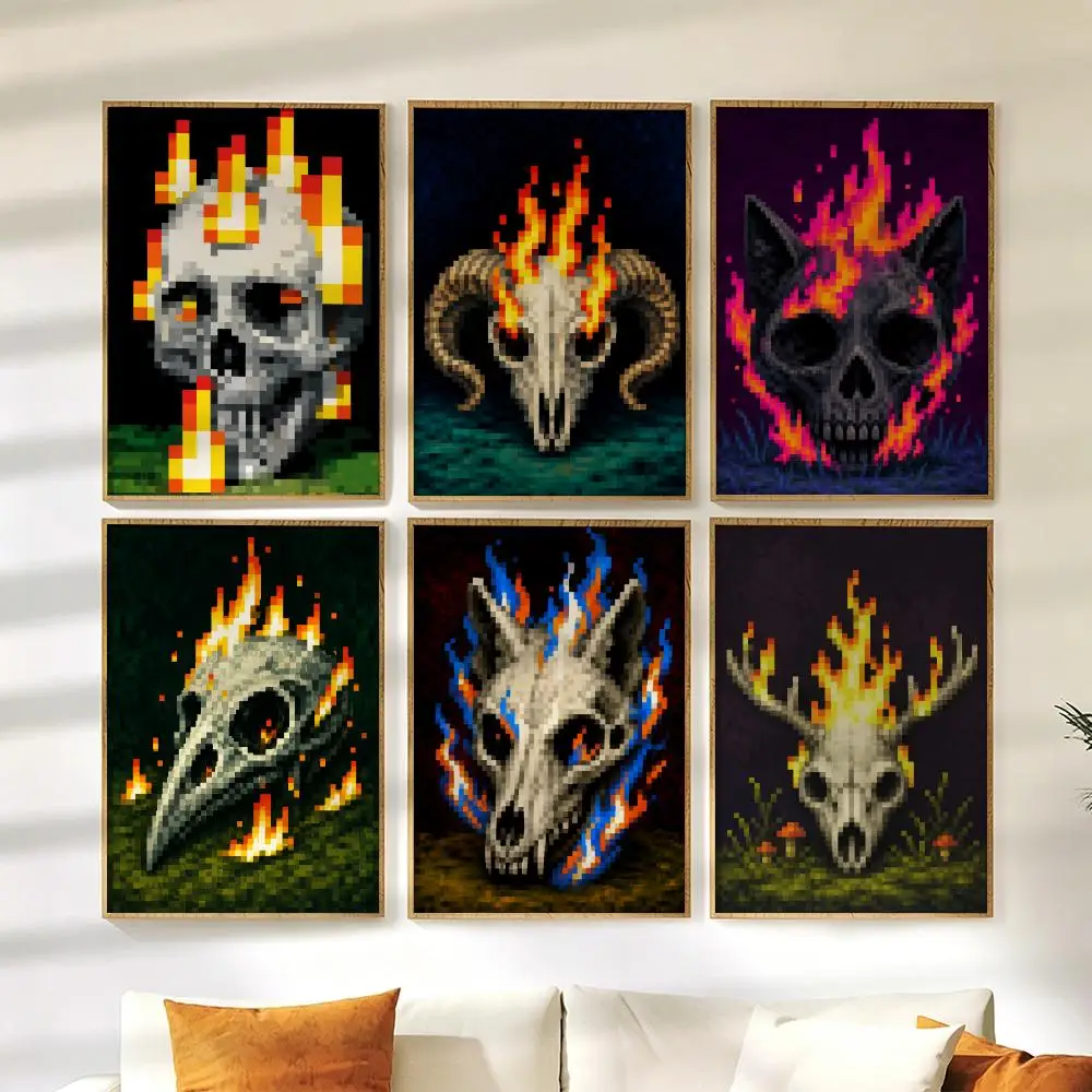 Pixel Art Skulls Poster Wall Stickers HD Painting Self Adhesive Art Decals for Bedroom Living Room Home Decor