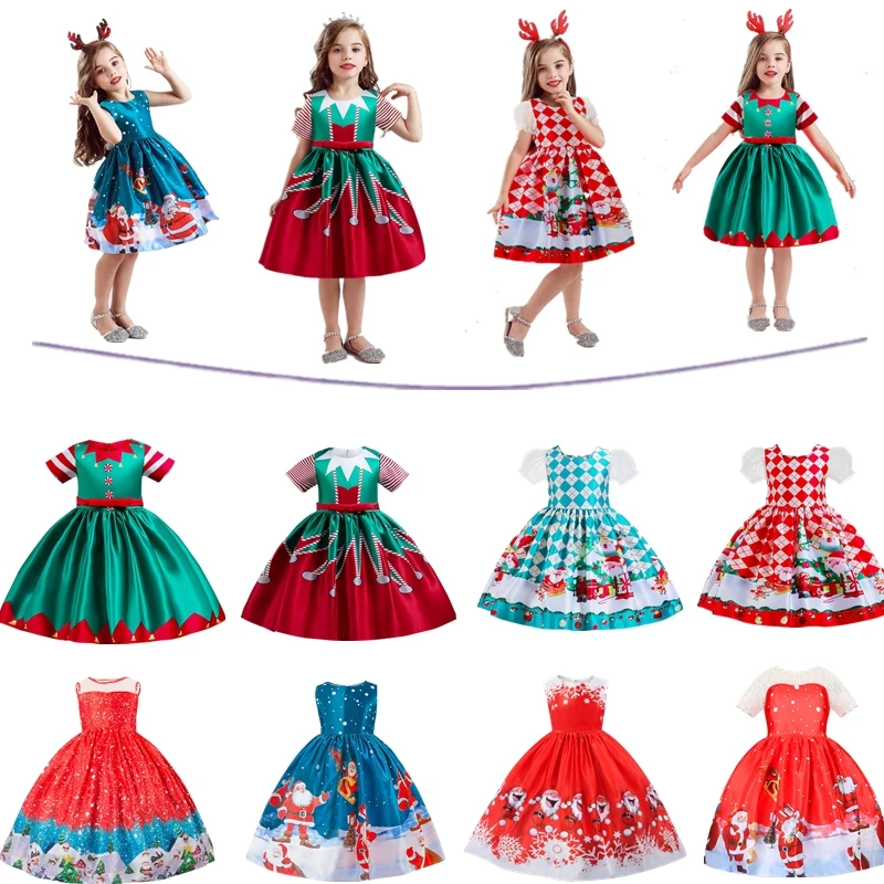 2023 Girls Christmas Snowflake Print Bow Sleeveless Ball Gown For Children Cartoon Santa Claus Princess Dress With Elk Headband