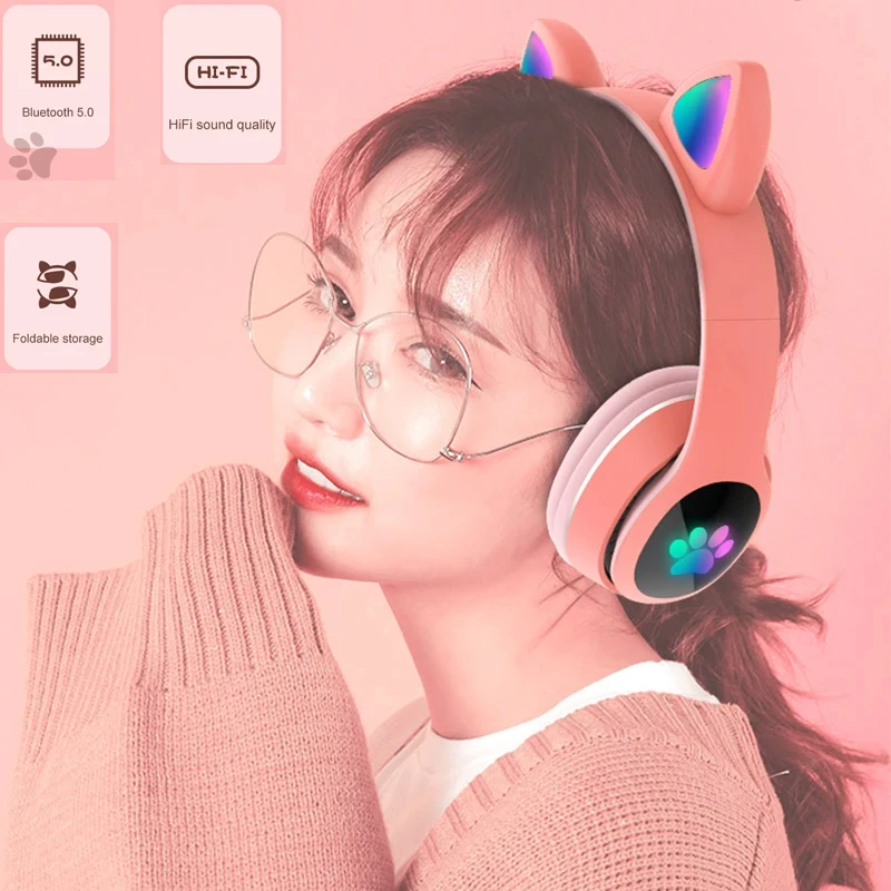 Bluetooth Wireless Headphones Cat Ear Glow Light Stereo Bass Helmets Children Gamer Girl Gifts PC Phone Gaming Headset