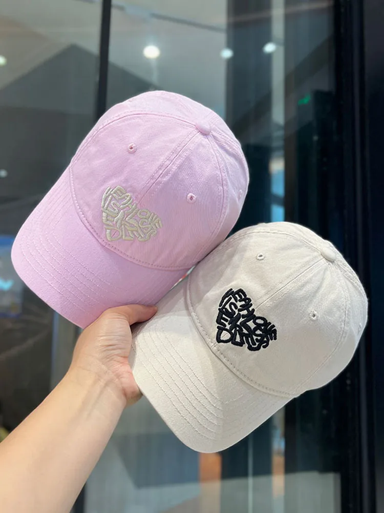 Women's Heart-Shaped Letter Embroidered Baseball Cap Retro Washed Soft Peaked Cap All-Matching Sun-Proof Hat