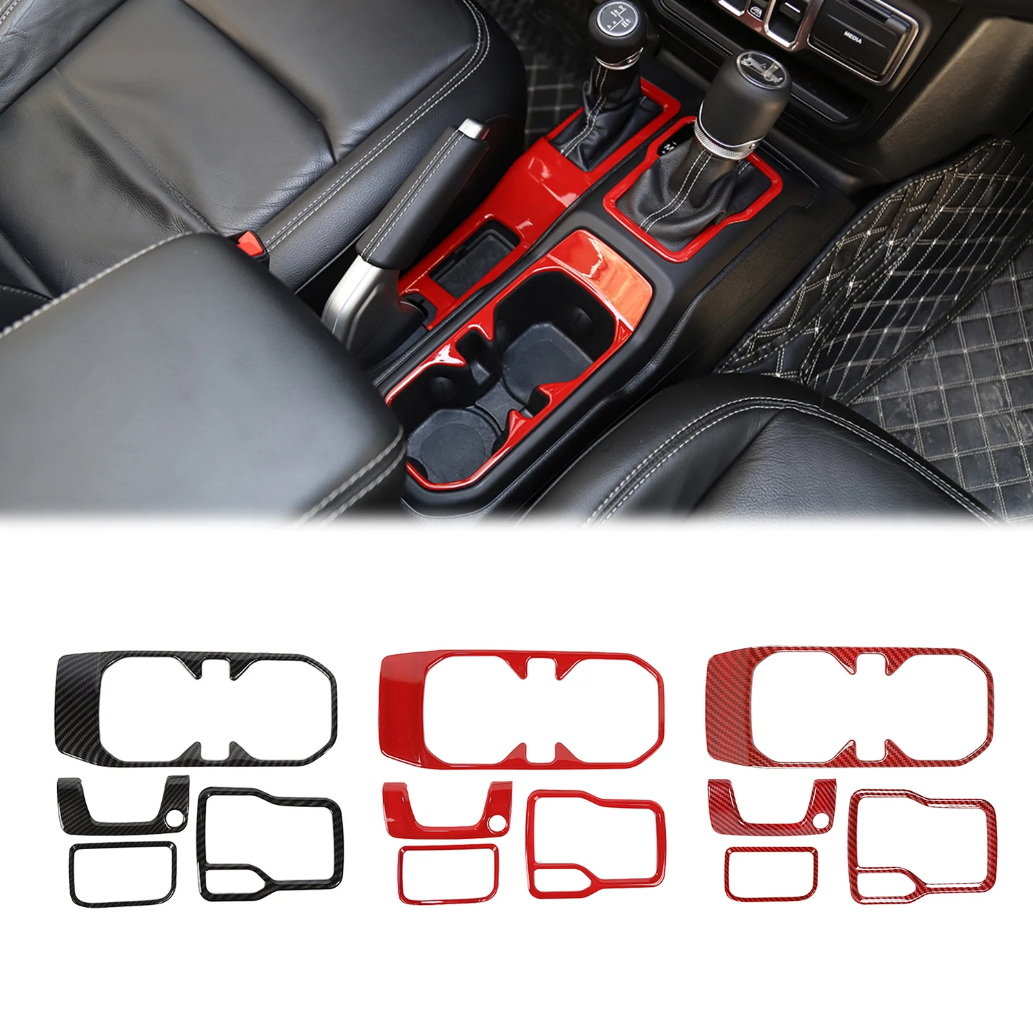 

Interior Kits for Jeep Wrangler JL Gladiator JT 4WD 2018-2023 Gear Shift Panel Front Cup Holder Armrest Box Keyhole Trim