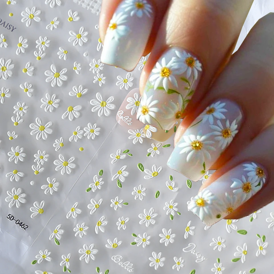 2pcs 5D White Daisy Design Nail Art Stickers Embossed Daisy Floret