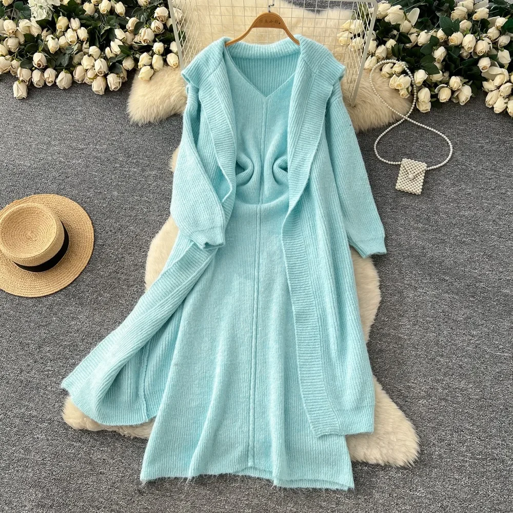 أنيقة فاخرة قطعتين المرأة سليم متماسكة منتصف طول مجموعة فستان بكتافة فضفاضة طويلة الأكمام قسط خمر البدلة مودا سترة