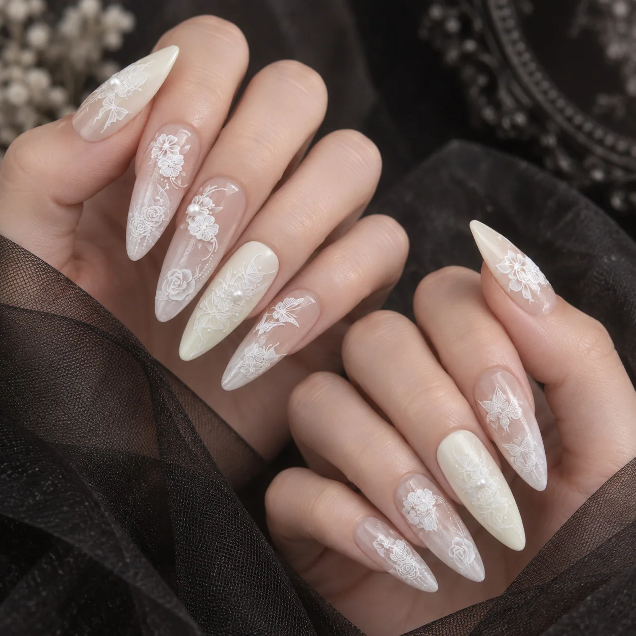 Ins Wedding Style 5D Raised White Lace Nail Decals Butterfly Floral Bow Pearl Self‑Adhesive Nail Stickers DIY Manicure Ornament