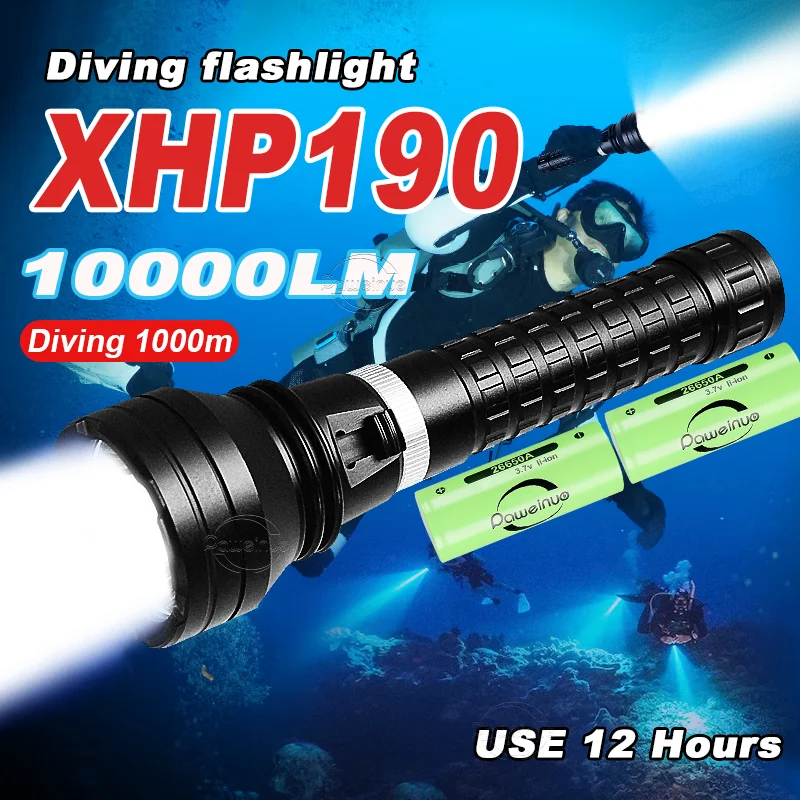 

10000LM XHP190 LED High Power Diving Torch IPX8 Professional Diving Flashlight Underwater Lantern Scuba Diving Waterproof Lamp