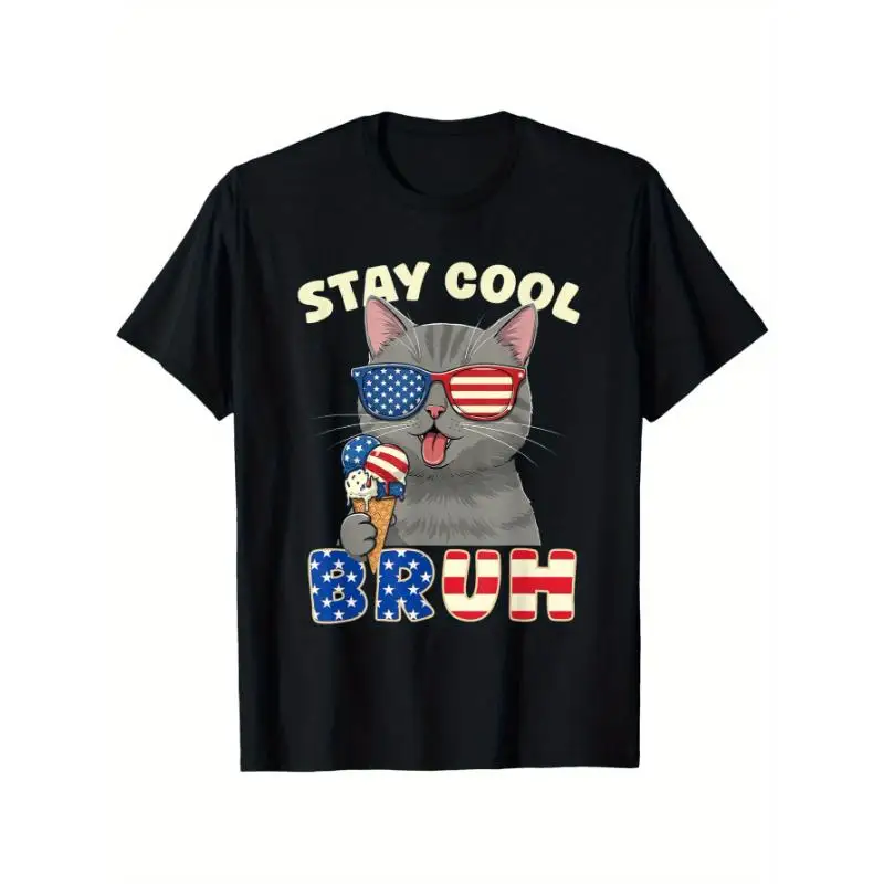 

Cool Cat Stay Cool Bruh T-Shirt, American Flag Sunglasses Ice Cream Graphic Tee, Men Women Summer Holiday Casual Funny Top