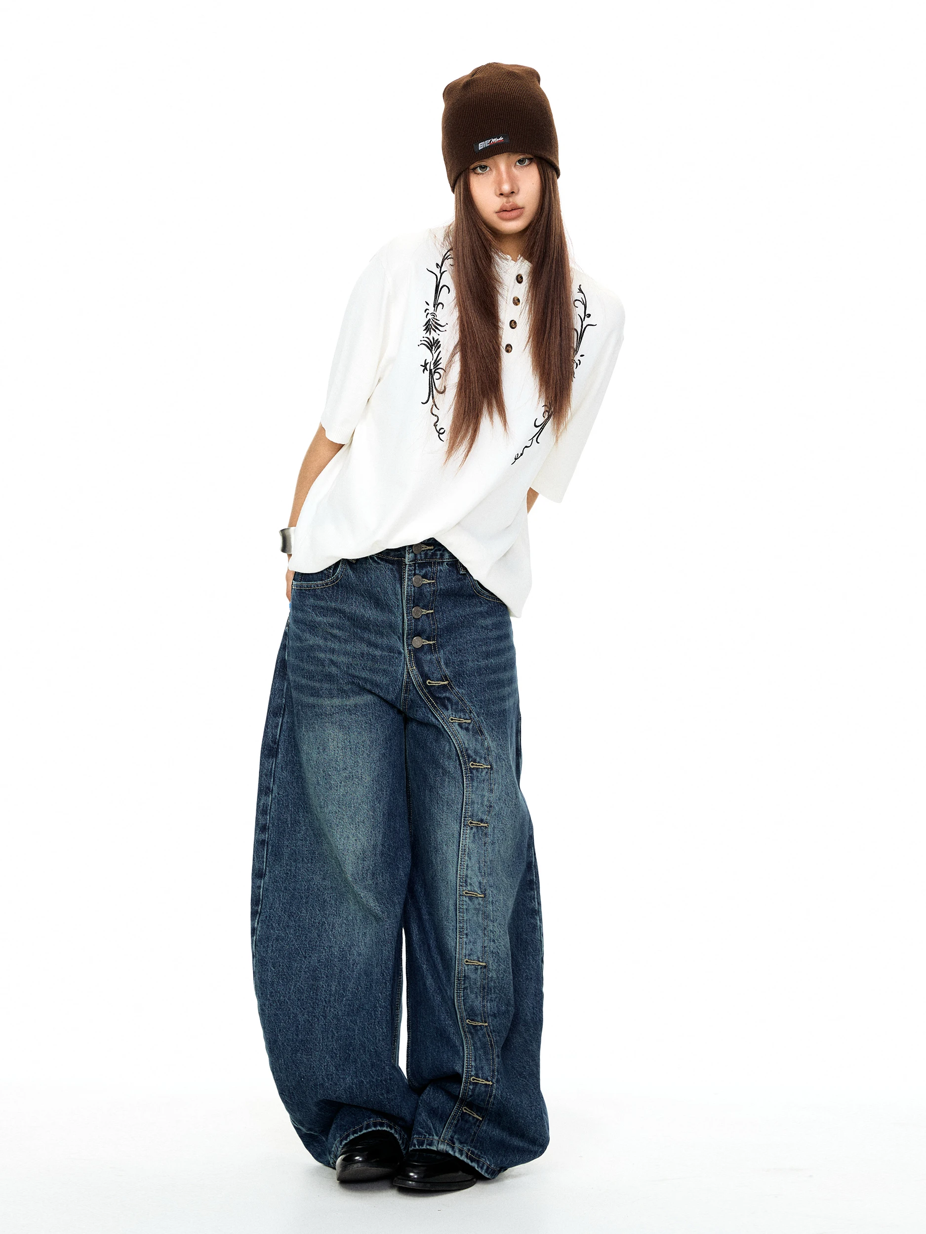 Blackbb High Waist Wide Leg Jeans Women's Vintage Washed Distressed Knife  Denim Pants Slimming Loose Fit Versatile Jeans