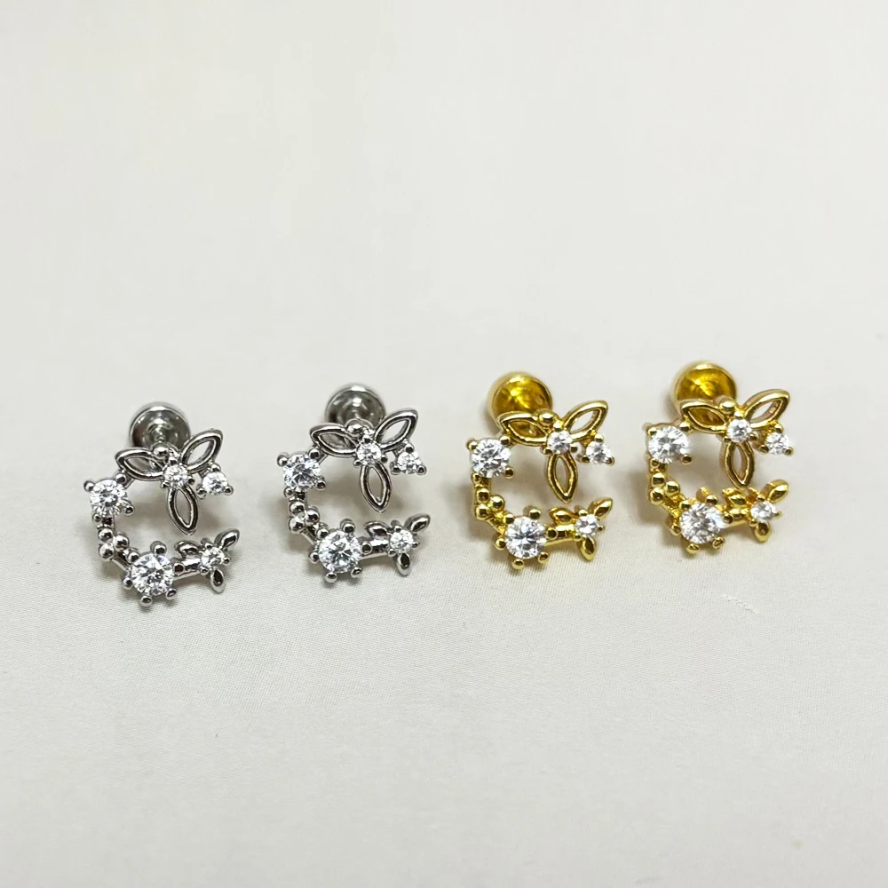 Lindo cobre circón Luna círculo mariposa Stud pendiente mujeres acero Color oro Helix Bar bola oreja Piercing manguito joyería al por mayor