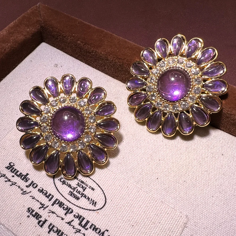 Medieval vintage purple glazed round stud earrings plated real gold classical violet versatile S925 premium ear