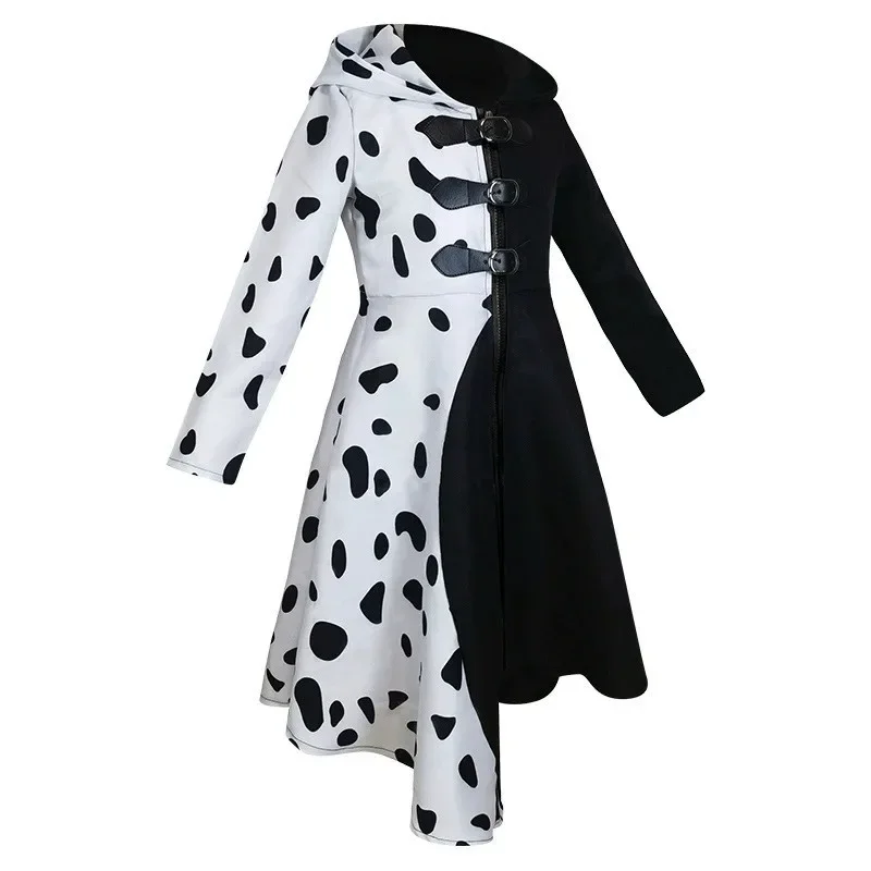 Adult Kids Evil Madame Cruella De Vil Cosplay Costume Girl Women Black White Funny Hooded Dress Wig Halloween Carnival Clothes