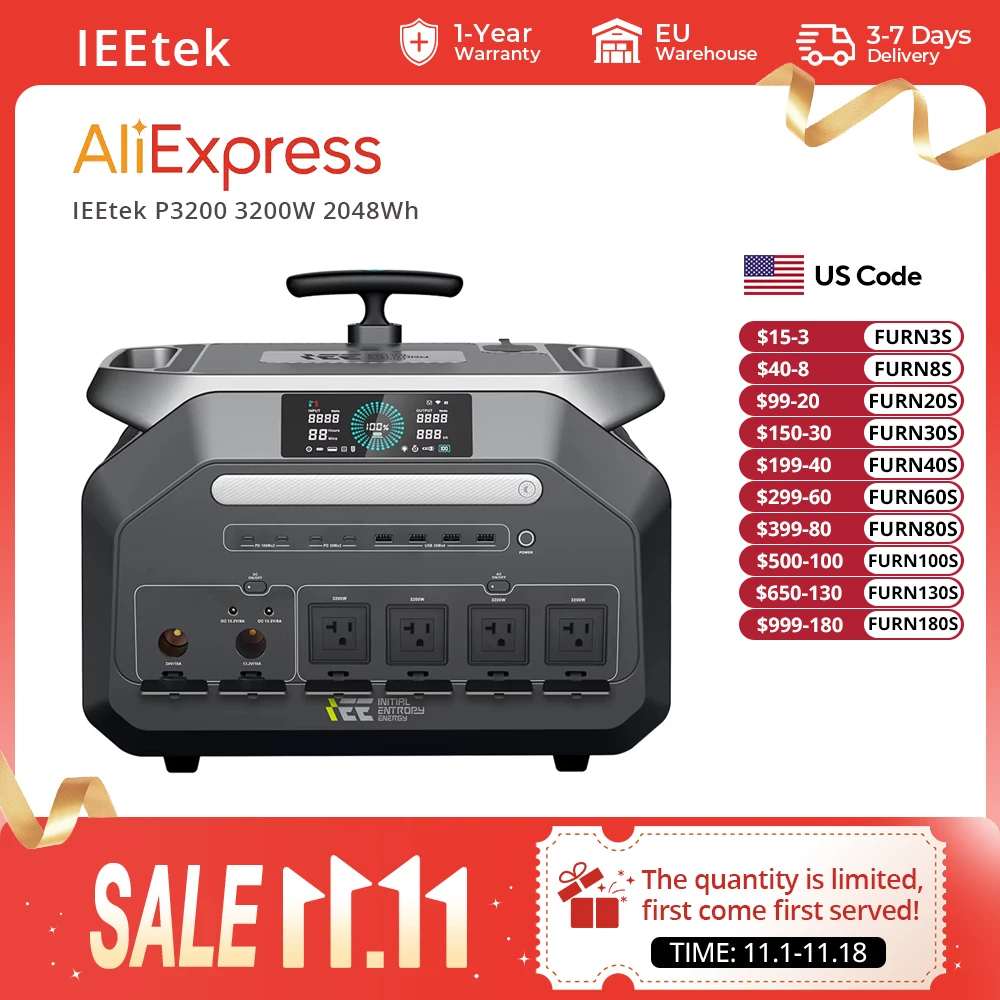 IEEtek P3200 3200W 2048Wh LiFePO4 Portable Power Station, Versatile Output Ports to Supply 16 Devices Simultaneously, Making It Suitable for Home Backup Power and Outdoor Camping Emergency Power