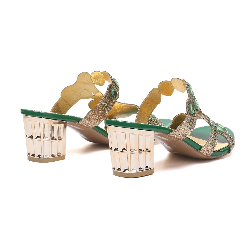 Summer New 2023 Rhinestone Slippers Ladies Chunky Heels Hollow Casual Slippers Fashion Beach Shoes Woman