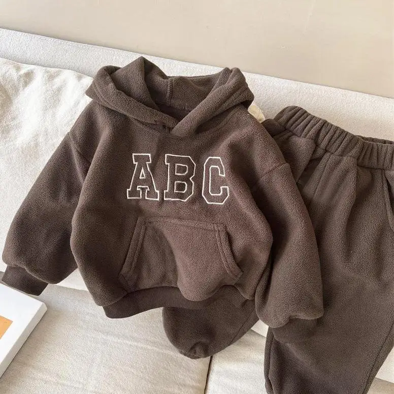 Children Autumn Winter Letter Plus Velvet Warm Hoodies Set Boy Girl Baby Fleece Thick Tops+Pants 2pcs Kid Cotton Sweatshirt Suit