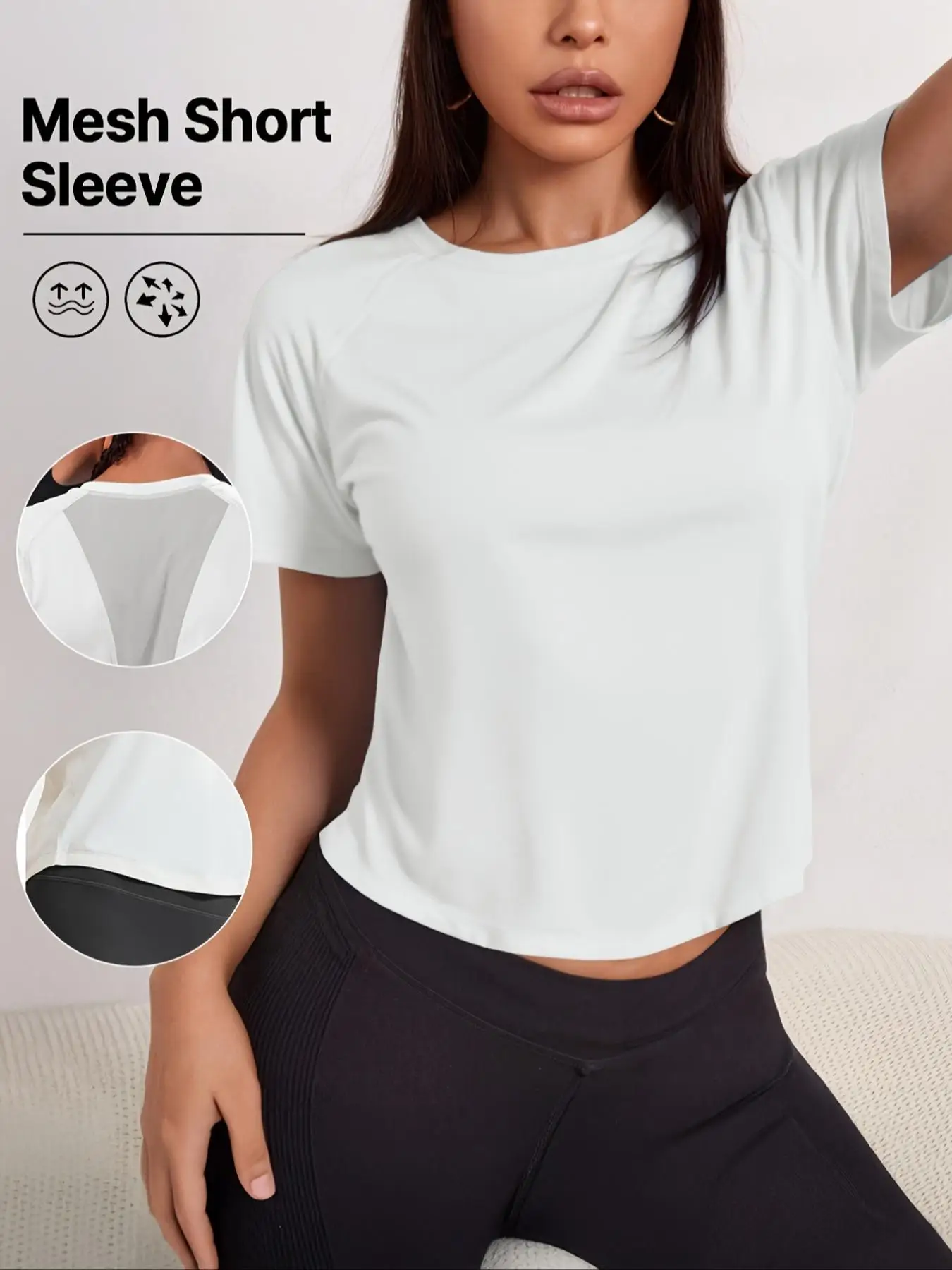 Breathable Mesh Back Women's Sporty T-Shirt, Short Sleeve Fitness Training Top, Loose Fit, All Seasons, Plain Pattern