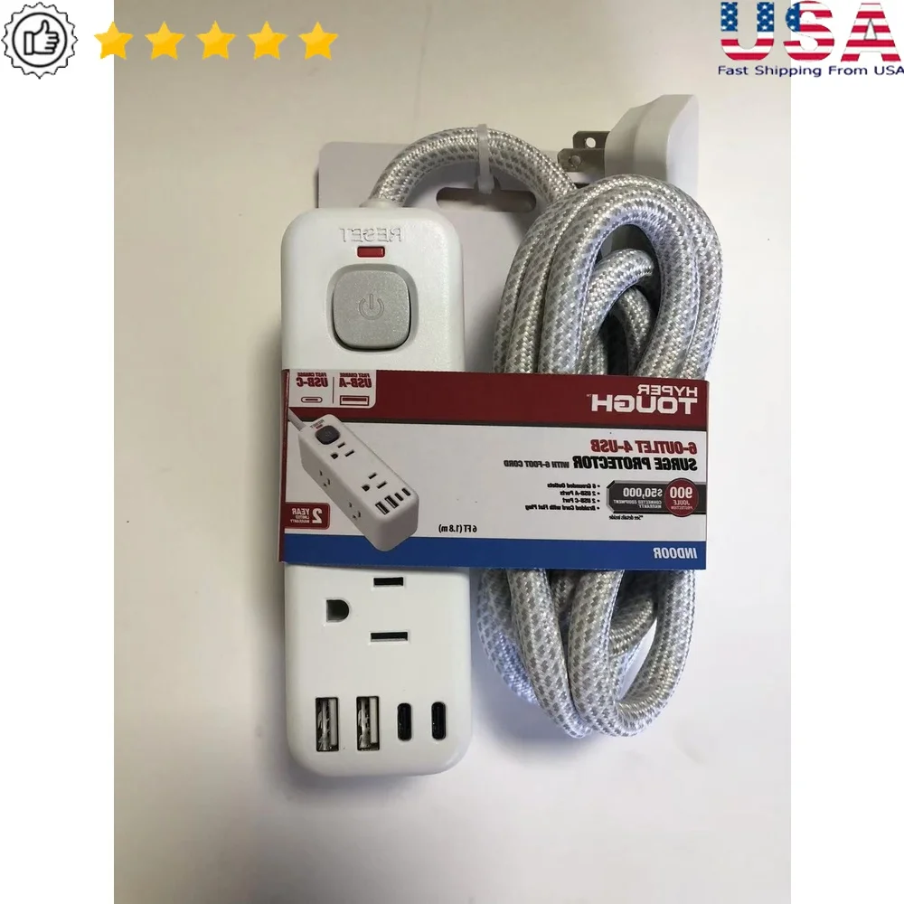 

Удлинитель с 6 розетками и 4 USB-портами, плоская вилка, сетевой фильтр, плетеный шнур длиной 10 футов для внутреннего использования, 15 А, 125 В переменного тока, 1875 Вт