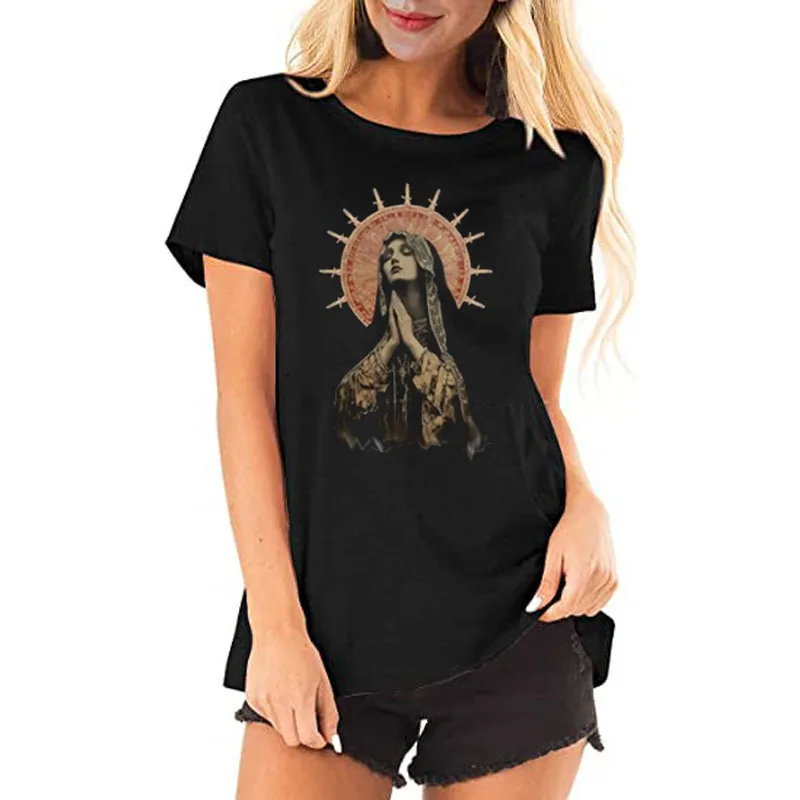 Stained Glass Madonna Prayer Faith T-Shirt Women's Fashion Y2k Saying Tees Novelty Gift Religion Art Graphic Aesthetic Clothes