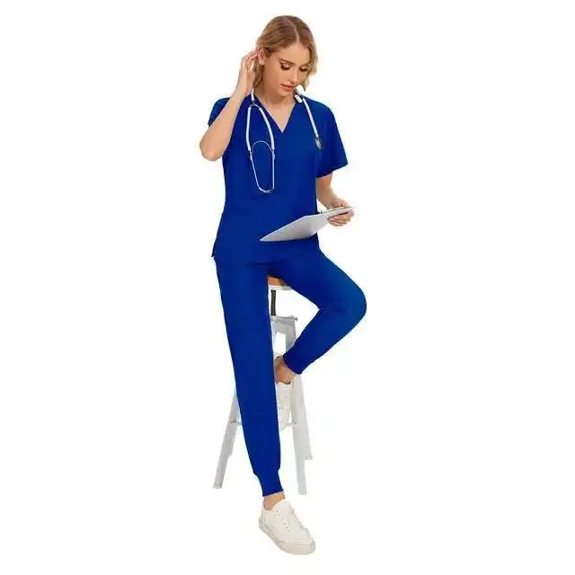 

Workwear Nursing Elastic Band Pants Working Uniform Women Short Sleeve Neck Tops Dental Hospital Scrubs Suits