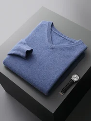 Men's V-Neck Merino Wool Sweater Thick Solid Pullovers Loose Knit Base Shirt Business Casual Jacket Tops Autumn Winter New