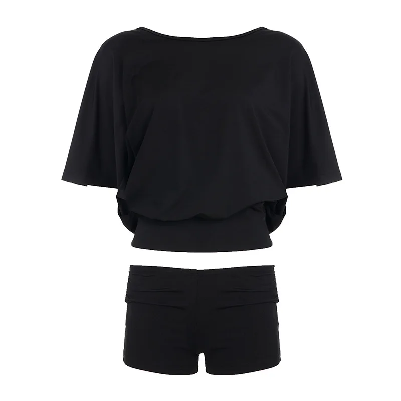 

Bat sleeve backless top+shorts sexy casual strap fashionable solid color two-piece set