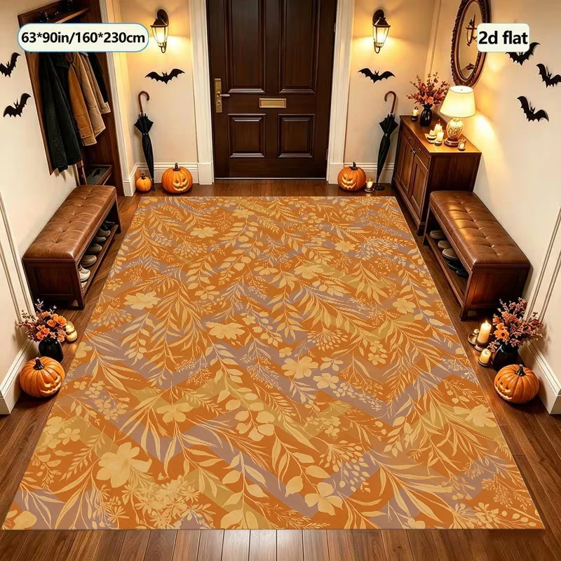 Warm Orange Wheat and Floral Pattern Retro-Style Velvet Rug Suitable for Living Room and Bedroom, Creating a Warm Autumn Harvest Atmosphere