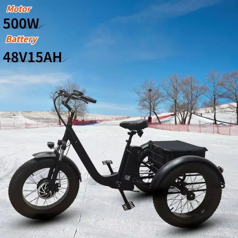 Electric Tricycle 500W48V15AH lithium battery fat tire snow off-road electric bicycle with storage basket adult electric trike