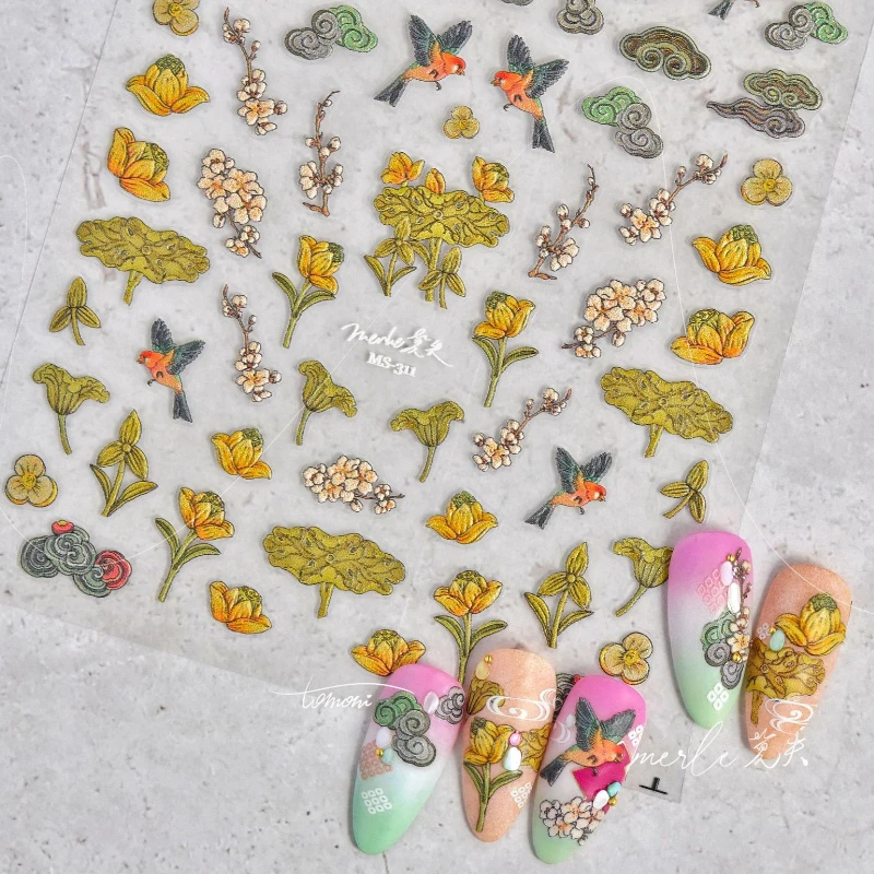 Vintage Lotus Flower Bird Chinese Leaves Lily Rose Peach Blossom Daisy Peony Sunflower GoldFish Nail Art Stickers Manicure Decal