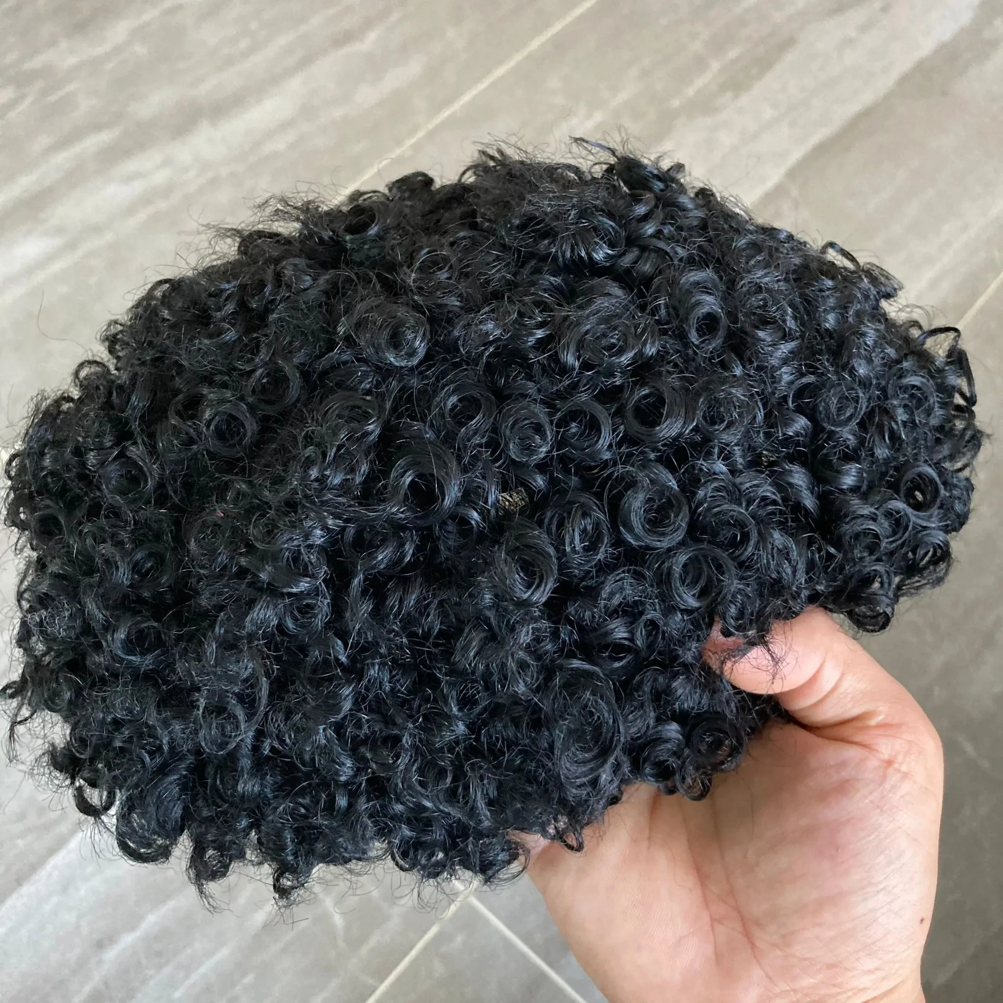 Garis rambut alami 15MM wig pria keriting Afro mesin rambut manusia 100% membuat kulit tipis sistem injeksi prostesis kapiler pria PU