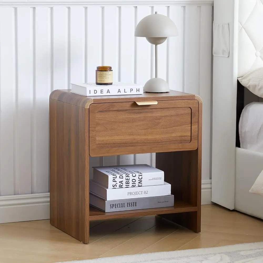 

Compact Nightstand Set of 2, Mid-Century Modern Bedside Table with Charging Station and Curved Top Corners, Wooden, Customized