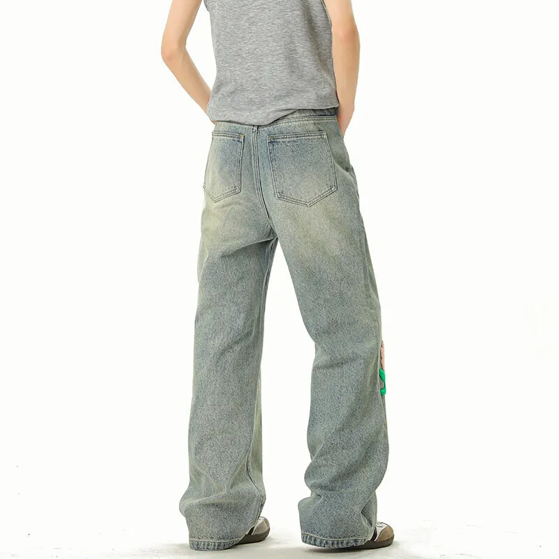 Blue Jeans Men Fashion Casual Straight Jeans Streetwear Hip-hop Loose Flower Jeans Mens Vintage Denim Pants Man Trousers