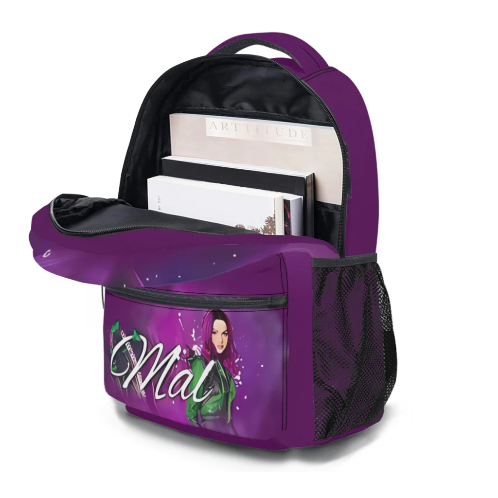 Princesa-Descendentes 3 Padrão School Bag, Moda Mochila Impressão, Mal Rosa Roxo, Novo, 17"