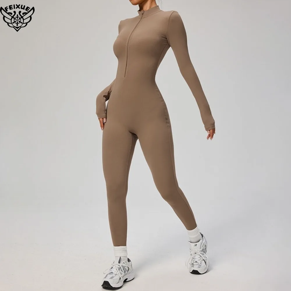 بدلة اليوغا المرجل بأكمام طويلة ملابس رياضية نسائية الصالة الرياضية سستة حللا تجريب عالية الكثافة اللياقة البدنية قطعة واحدة ملابس ضيقة الجلد