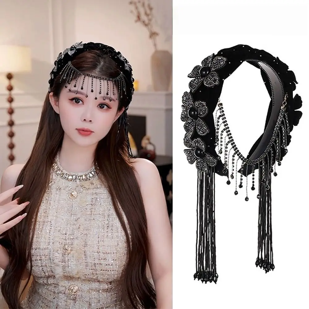 

1Pcs New Velvet Braided Tassel Headband Wide Edge Stylish Charm Tassel Head Band Shiny Floral Hair Accessories for Women
